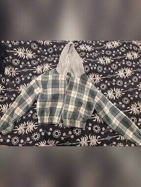 Womens Plaid Crop Hooded Zip Jacket - Green & White